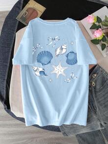 Girls' Loose Graphic T-Shirt, Hand-Painted Shell & Starfish Pattern, Bow Decor, Casual Oversized Fit, Suitable For Beach Vacation, Back To School, Summer Wear - Baby Blue - View 3