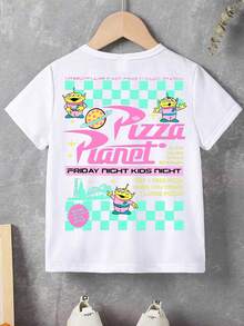 Disney-Sweet Girl Vibe! Toy Story 3 E.T. Pizza Planet Girls T-Shirt With Pink And Green Color-Blocked Checkered Print, Pure Cotton Loose Short-Sleeved Top - White - View 2