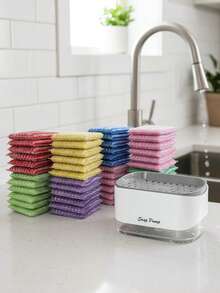 厨房皂液器、洗碗泡沫泵、海绵架、带海绵的洗洁精分配器、海绵沥水架、带沥水盘的塑料水槽收纳架、厨房配件、清洁海绵、洗碗海绵、实用厨房工具 - 彩色 - 查看 11