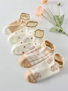 5双白色和卡其色可爱小熊爱心图案女士短袜，舒适蕾丝边，适合春夏穿着，适合运动休闲。 - 白色 - 查看 10