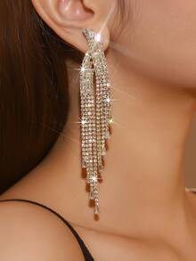 1对多层长流苏几何水晶锆石全镶耳环，时尚水钻耳环，适合搭配晚礼服，日常佩戴闪亮耳环 - 鋯石流蘇耳環 - 查看 4