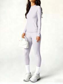 OKP 2PCS Women,Workout Sets Women,Women's Yellow Minimalist Casual Long Sleeve Top And Pants Set-Lined Set,Yoga Set - 淡紫色 - 查看 2