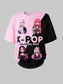 Camiseta infantil feminina de 8 a 12 anos com estampa de desenho animado em blocos de cores, gola redonda e manga curta. Ideal para o verão. - Rosa - Ver 5