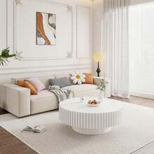 Mesa de centro redonda de 100 cm de madera, mesa de centro circular moderna y única, mesa de centro acanalada contemporánea de tambor, mesa auxiliar lateral central para sala de estar, espacios pequeños, apartamento - Blanco - Ver 8