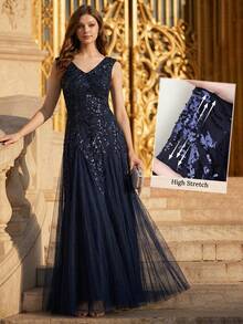 Đầm dạ hội thanh lịch EVERPRETTY dành cho nữ, đầm dạ hội sang trọng, đầm dạ hội đính sequin màu xanh navy, đầm dự tiệc cocktail thắt nơ đen, đầm dự tiệc cưới cổ chữ V dáng xòe, đầm dự tiệc cưới cho cô dâu và mẹ cô dâu, đầm bán chính thức mùa xuân - Màu xanh hải quân - Xem 10