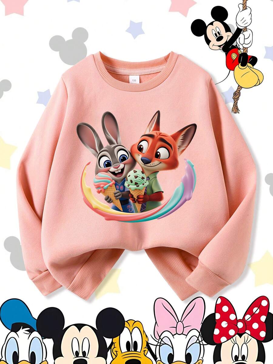 Disney Zootopia Judy Hopps & Nick Wilde Best Friends Ice Cream Comfortable Print Young Girls' Long Sleeve Sweatshirt, Suitable For Autumn/Winter, Lightweight And Cozy, Great For Layering In Fall, Fashionable Casual Wear, Graphic Design, Back To School Season, Autumn, Back To School Party, Suitable For Outdoor Picnic, Street Photography, Home, Campus, Holidays, New Year Gift - 粉色 - 查看 1