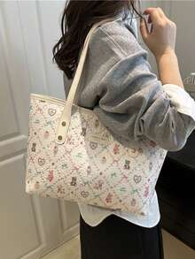 Túi xách cỡ lớn in chữ tối giản cá nhân hóa kiểu Châu Âu và Mỹ năm 2025, túi đeo vai thời trang Hàn Quốc dành cho nữ, túi đeo vai hoạt hình cỡ lớn, túi xách đa năng cho người đi làm. - trắng - Xem 5