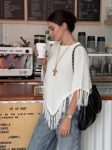 Cárdigan de mujer For Love & Bella, casual, elegante y sexy, con decoración de flecos, acabado asimétrico y textura de punto. Poncho, suéter de cuello redondo, ligero y versátil para usar en el trabajo, en la oficina, en citas, a diario, en el campo, en conciertos, de vacaciones, en y verano, y para salir - Blanco - Ver 5