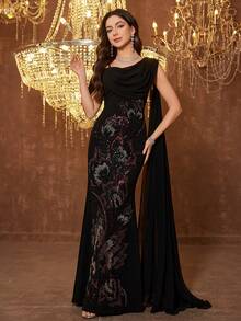 SUPGIR Women's Round Neck Flowy Sleeve Sequin Embroidery Fitted Chiffon Evening Dress - Black - View 5