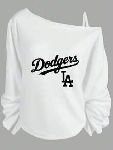 Valentine's Day Outfits For Women, Dodgers Graphic Print, Off-The-Shoulder Sweatshirt, Casual Streetwear, Relaxed Fit-Vacation Outfits Women, Beachwear, Resort Wear, Summer Tops - 白色 - 查看 7
