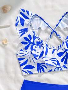 Bộ bikini hai mảnh in hoa xếp nếp dành cho bé gái tuổi teen, kiểu dáng thanh lịch, thời trang và tinh tế, phù hợp cho mùa hè, bơi lội và kỳ nghỉ biển. - Màu xanh lam - Xem 3