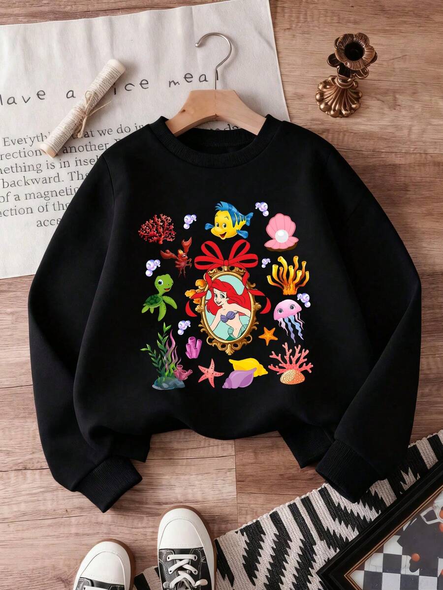 1pc Disney Ariel & Her Underwater Pals Vibrant Ocean Wonderland Graphic Sweatshirt For Tween Girls, Cute & Casual Style, Soft & Skin-Friendly, Perfect For Daily Wear, Weekend Outings And Disney Themed - 黑色 - 查看 1