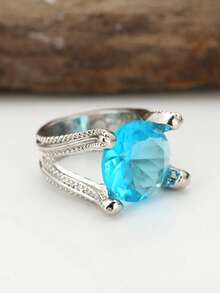 1枚流行女士时尚奢华独特蓝色锆石戒指，婚礼订婚派对珠宝礼物 - 銀色 - 查看 8