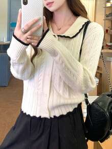 新款彼得潘领针织毛衣，女士款，青春时尚 - 杏色 - 查看 6