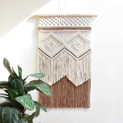 1pc Macrame Wall Hanging, Boho Style Wall Decor Tapestry, Classic Handwoven Geometric Pattern Fringe Background Wall, Headboard Hanging Tapestry