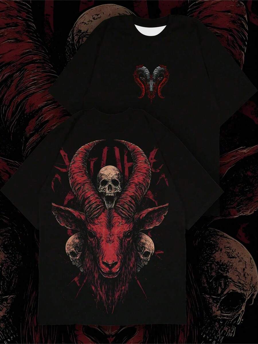 Camiseta Streetwear Oversize Masculina, Camiseta Gráfica de Terror Gótico Punk em Poliéster Leve, Top Urbano Moderno de Manga Curta - Preto - Visão 1