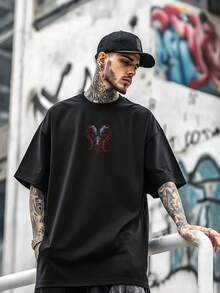 Camiseta Streetwear Oversize Masculina, Camiseta Gráfica de Terror Gótico Punk em Poliéster Leve, Top Urbano Moderno de Manga Curta - Preto - Visão 3