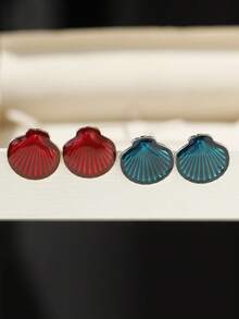 1 Pair Minimalist Colorful Glazed Shell Shaped Alloy Stud Earrings, Green Color Earrings Suitable For Women's Daily, Party, Holiday Wear - Shell Earrings - View 2