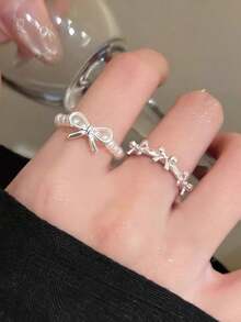 3件套芭蕾舞风格蝴蝶结珍珠串珠戒指套装，银色丝带蝴蝶结可调节叠戴戒指，优雅设计，日常佩戴饰品，送给女友、家人、圣诞节、情人节、生日、母亲节的礼物 - 銀色 - 查看 3