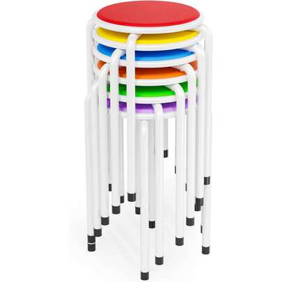 18 Inch Padded Stacking Stools, Colorful Portable Nesting Metal Round Stackable Stools Decoration For School Home Kitchen Indoor Outdoor Party, Pack Of 6 (White)