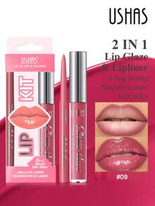USHAS 二合一唇彩+唇线笔套装，裸色亮泽唇彩+伸缩唇线笔，持久显色，速干不粘腻配方，超细唇线笔可精准勾勒唇形，防水镜面唇彩，打造自然妆效 - #09 - 查看 2