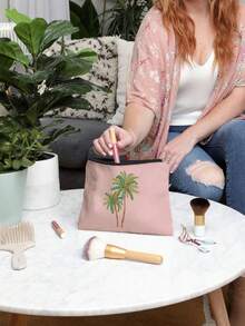 Borsa cosmetica riutilizzabile con stampa di palme di cocco, leggera, con cerniera per il trucco e gli accessori da toeletta, pratica pochette portamonete, borsa da toeletta con stampa di gelsi, accessorio da viaggio, adatta per lo shopping, regalo ideale per Pasqua, Festa della Mamma, Festa dell'Indipendenza, Matrimonio, Laurea - Multicolore - Visualizzare 3