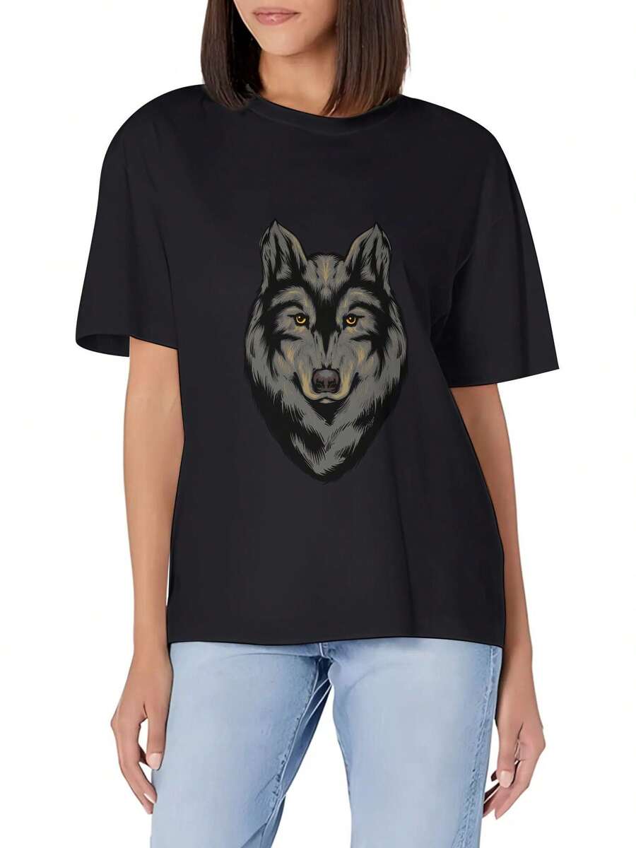Head Of A Wolf With Yellow Eyes On A Black Background Women's Casual Slim Fit Short Sleeve T-Shirt Soft Cotton Crew Neck Basic Versatile Top - màu đen - Xem 1