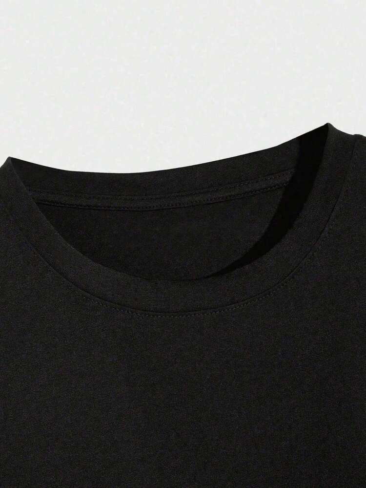 国内発送。2026年春夏新作：200g 100%コットン レディース 半袖Tシャツ、ユニセックス ゆったり クルーネック、韓国風カジュアルトップス。 - ブラック - 見る 4