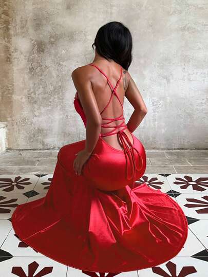 1pc Solid Color Elegant Satin Asymmetric/Irregular Backless Criss-Cross Halter Maxi Dress, Suitable For Wedding, Party, Birthday, Formal Dinner, Summer, Valentine's Day, Luxury