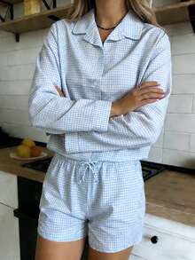 Nina Bonheur 2pcs Women Loose Button Plaid Long Sleeve Cardigan + Elastic Waist Shorts Cute Pajama Set - Blue - View 1