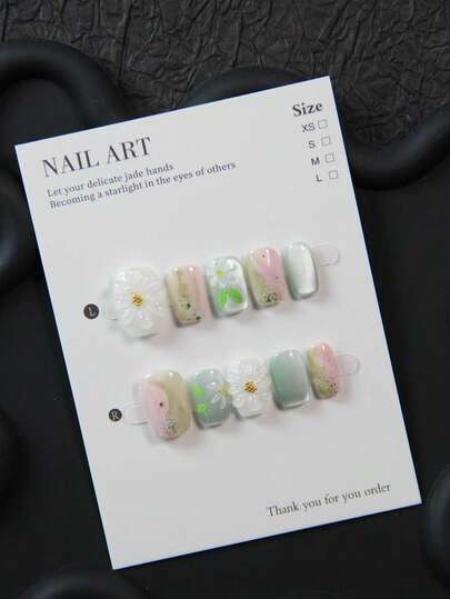 10pcs Handmade Square Nail Art Stickers With Floral Patterns, Reusable Green Nail Decals Suitable For Short Nails, Includes 3D Transparent Designs With Shiny Gold Studs, Ideal For Women And Girls, Parties, Weddings, Daily Wear, DIY Manicure, Comes With Tool Kit. Handcrafted Nail Stickers. Fake Nails. Nail Art Supplies.