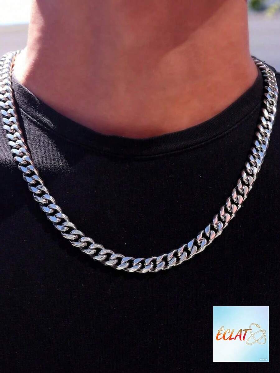 1pc Stainless Steel 6-Sided Polished Chain Necklace Men's Domineering Hip-Hop Personalized Thick Chain Necklace For Men Boys Gift 393A - 銀色 - 查看 1