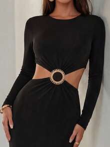 Elegant Black Long Sleeve Hollow Out Fitted Dress With Ring Detail, Suitable For Party, Wedding Guest, Evening, Vacation, Date, Nightclub, Spring - Black - View 5