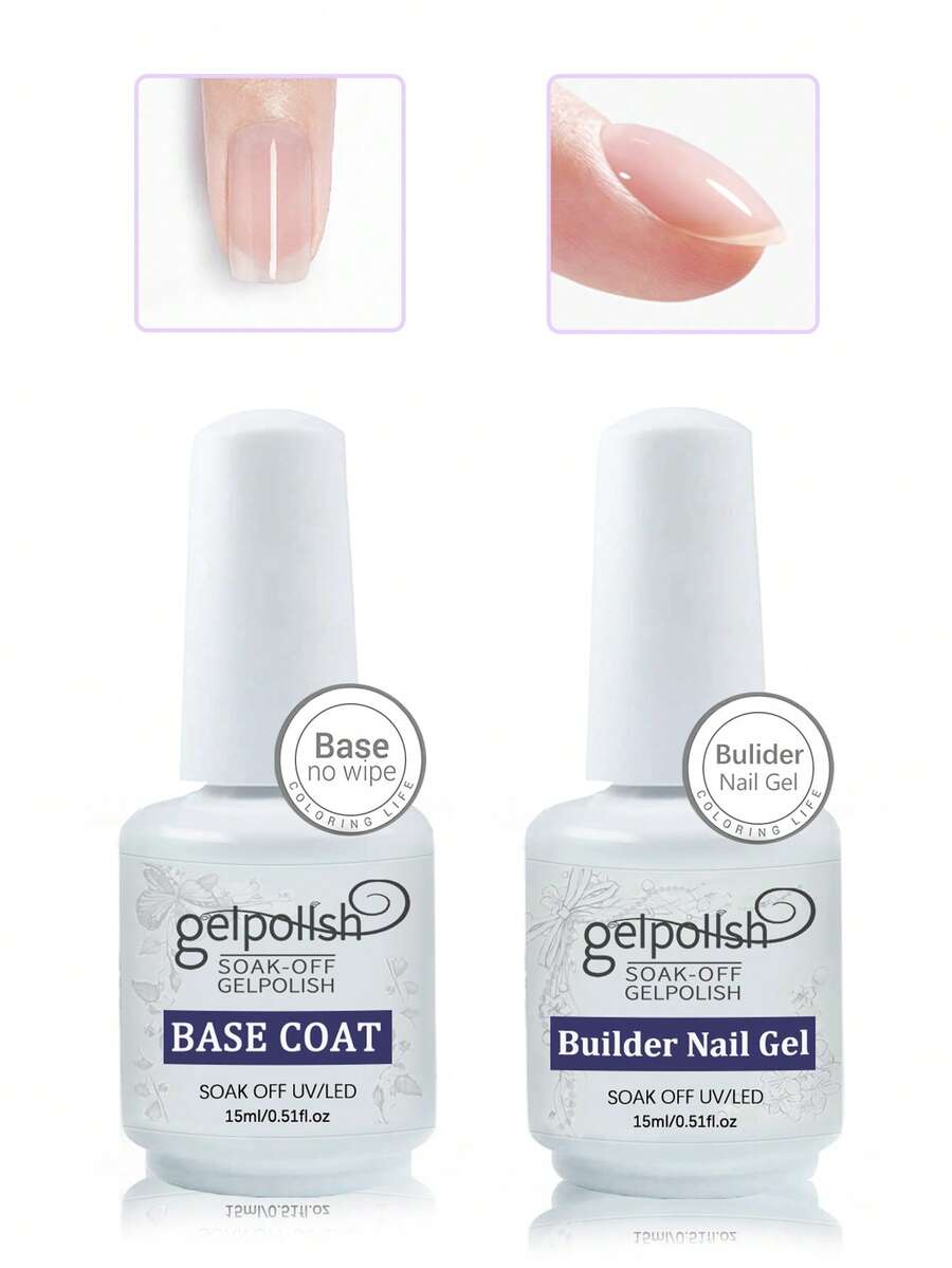 2PCS 15ml Spring Summer Base Coat And 7 IN 1 Building Nail Gel Set Nail Supplies, Shine Finish And Long Lasting, Soak Off LED Nail Lamp Gel Valentine's Day Gifts For Women, For Home DIY And Nail Salon - 無色 - 查看 1