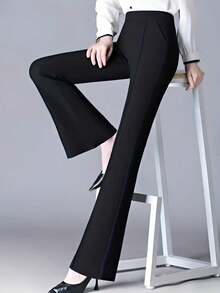 High-Waisted Relaxed Flare Leg Pants, Slimming Effect Black - Black - View 1