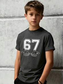 Tween Boys Casual Printed Crew Neck Short Sleeve T-Shirt, Summer Top - Dark Grey - View 8