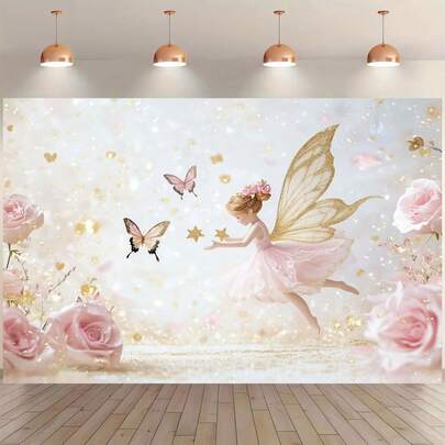 1 Encantador telón de fondo con hada y mariposa para cumpleaños - Con rosas rosadas, estrellas doradas y diseño de luces brillantes, perfecto para fiestas interiores/exteriores, bodas, celebraciones, decoraciones de fiesta de hadas, celebraciones de cumpleaños, aniversarios, decoración de habitaciones, fondos para transmisión en vivo, accesorios de estudio y un regalo ideal
