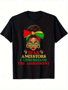 Women's And Juneteenth 1865 Freedom Day T-Shirt - African Bun And African Cultural Heritage Design, With The Slogan "Dear Ancestors And I Understand The Task" - Soft, Breathable, Lightweight Round Neck Short Sleeve - Juneteenth Cultural Pride Clothing Funny Women's T-Shirts Suitable For All Seasons - 黑色 - 查看 1