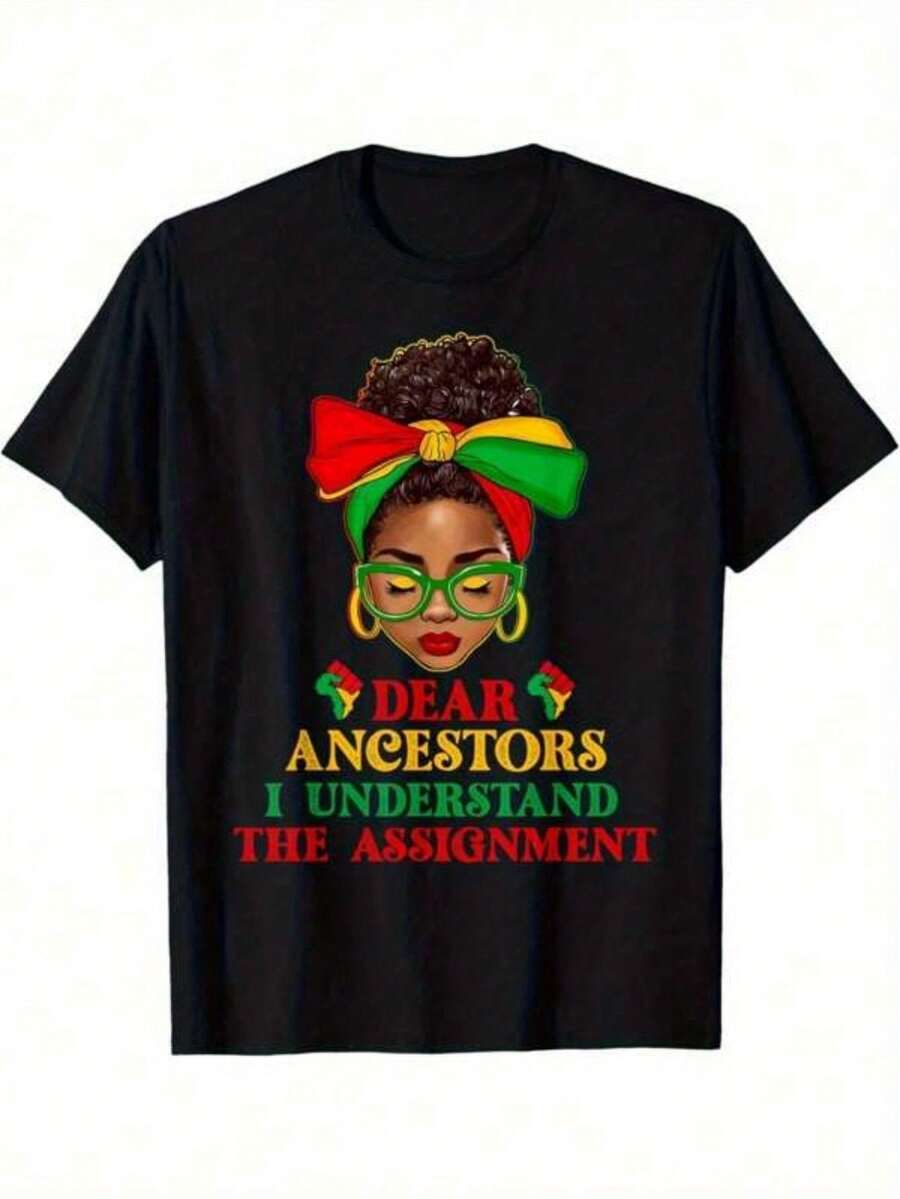 Women's And Juneteenth 1865 Freedom Day T-Shirt - African Bun And African Cultural Heritage Design, With The Slogan "Dear Ancestors And I Understand The Task" - Soft, Breathable, Lightweight Round Neck Short Sleeve - Juneteenth Cultural Pride Clothing Funny Women's T-Shirts Suitable For All Seasons - 黑色 - 查看 1