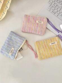 1个可爱条纹帆布拉链化妆包，女士旅行收纳包，铅笔盒，大容量化妆刷收纳包，旅行洗漱包，印花化妆包，化妆品旅行收纳包，带拉链的礼品配件 - 彩色 - 查看 3