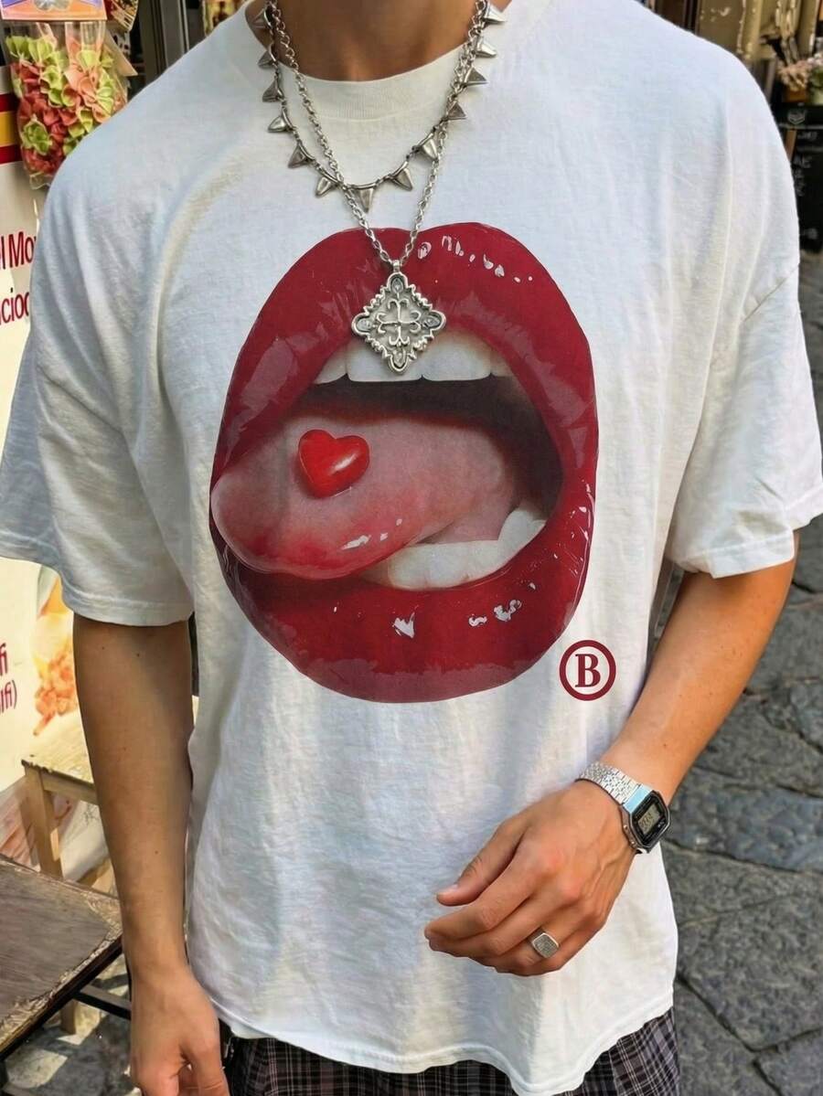 男士红唇爱心糖果图案T恤，休闲街头Y2K美学，白色，适合情人节穿着 - 白色 - 查看 1