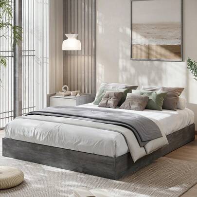 Cama de plataforma de madera - Tamaño completo, sin cabecero, soporte de listones de madera resistente, no necesita somier, fácil montaje - Negro lavado con agua