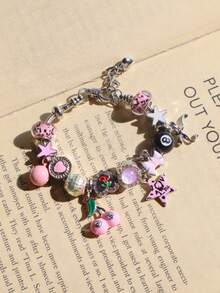 1pc Pink Leopard Print Star Girl Charm Bracelet, 1pc Cherry Heart 8 Ball Bracelet, 1pc Cute Bow Bracelet, 1pc Pink Star Cherry Bracelet - Silver - View 6
