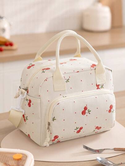 1 Bolsa Térmica Portátil de Veludo Cotelê Cereja, Estampa Fofa de Estrelas e Leopardo, Alça Ajustável Reutilizável, Bolsa Térmica Grande, Marmita Impermeável para Trabalho, Escola, Piquenique, Camping, Bolsa de Almoço para Piquenique ao Ar Livre, Material Escolar e Itens Essenciais para Camping.