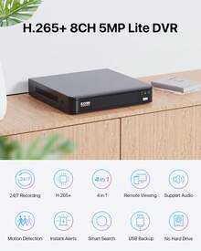 ZOSI H.265+ 5MP 3K Lite 8 Channel Hybrid 4-In-1 DVR Surveillance Recorder, Support Analog/AHD/TVI/CVI 720P/1080P Security Camera, AI Human Vehicle Detection, Remote Access, No HDD - Black - View 2