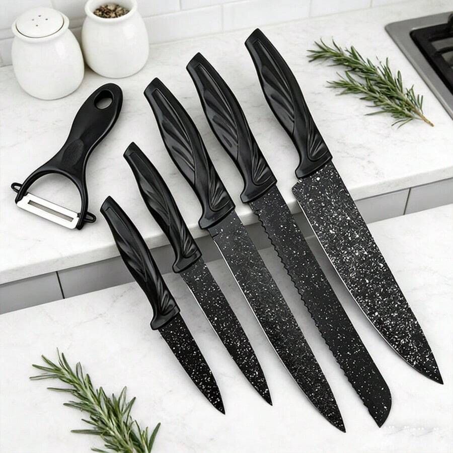 Juego de cuchillos de cocina de 6 piezas, hoja de acero inoxidable ultraafilada, diseño corrugado pintado con aerosol negro, mango ergonómico, corte preciso, un juego para satisfacer las necesidades de corte de cocina, adecuado para chefs, restaurantes y uso doméstico, no es fácil de opacar durante mucho tiempo, embalaje en caja de regalo - Negro - Ver 1
