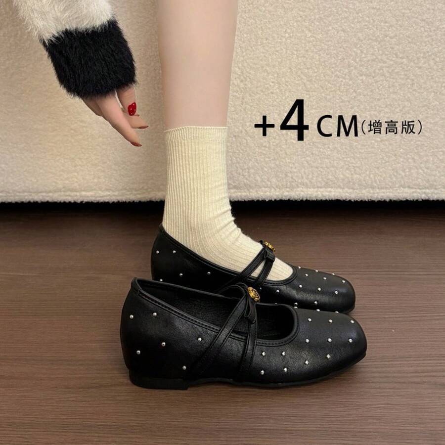 Vintage Starry Rivet Hidden Wedge Single Shoes Women 2026 Spring New Slimming One-Strap Square-Toe Mary Jane Shoes - Cam Đen - Xem 1