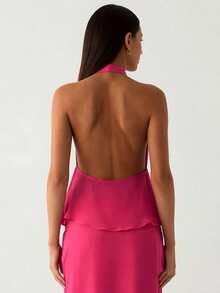 Conjunto coordinado para mujer de top con cuello halter y nudo frontal + falda larga, tela de gasa con espalda abierta, ideal para look casual y fiestas en verano - Rosa Fucsia - Ver 6