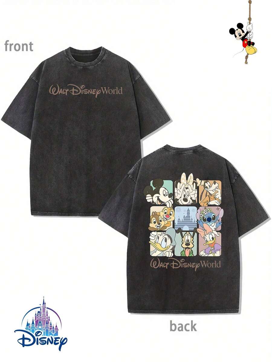 [Disney Authorized] Disneyland Jiugongge Double-Sided Printed Flowers, Genuine Authorized 1 Fashion Cartoon Short-Sleeved Design, Cartoon Short Sleeves, Men's Cotton Washed T-Shirts. Soft And Breathable, It Can Be Used As A Gift For Disney Lovers. - 黑色 - 查看 1