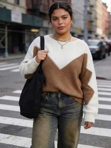 Áo len dệt kim phối màu cỡ lớn dành cho nữ, màu trắng kem và màu be, dáng rộng, cổ chữ V, thích hợp cho mùa thu/đông. - trắng - Xem 3